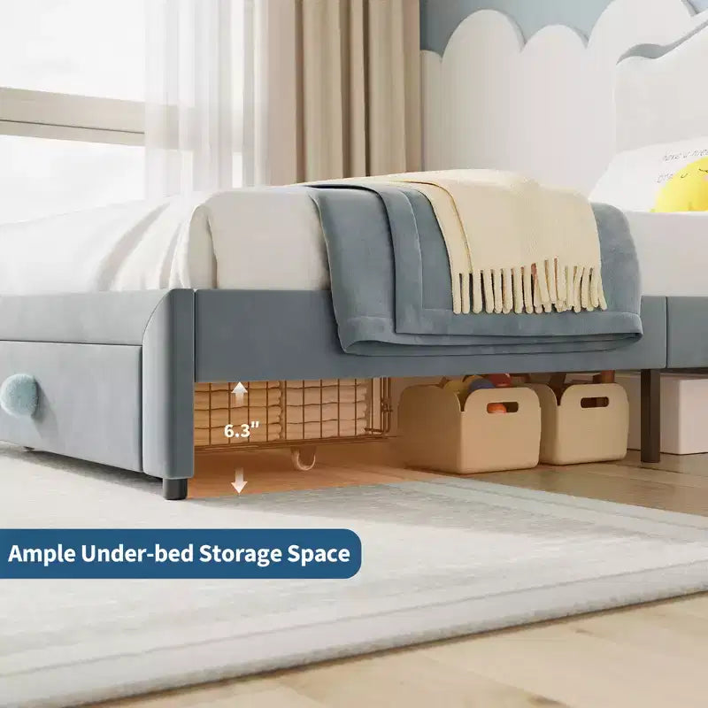 Twin Size Upholstered Kids Bed Frame with Curved Headboard, Storage Drawer, Velvet Fabric, Strong Wood Slats, No Box Spring Needed