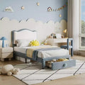 Twin Size Upholstered Kids Bed Frame with Curved Headboard, Storage Drawer, Velvet Fabric, Strong Wood Slats, No Box Spring Needed