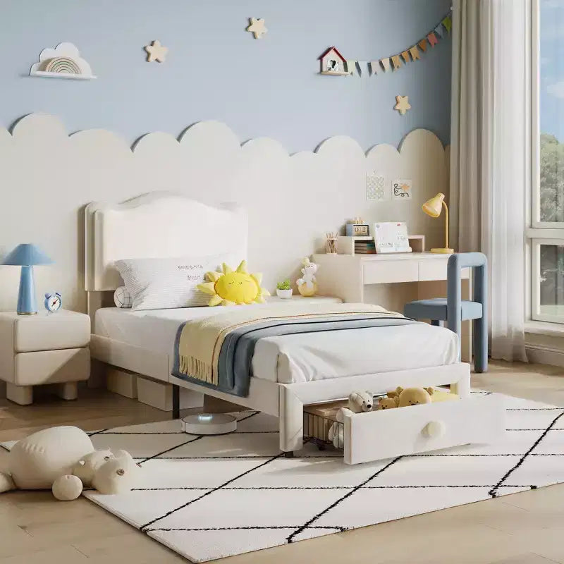 Twin Size Upholstered Kids Bed Frame with Curved Headboard, Storage Drawer, Velvet Fabric, Strong Wood Slats, No Box Spring Needed