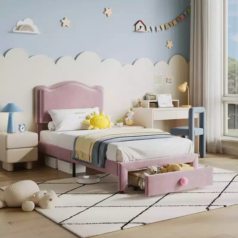 Twin Size Upholstered Kids Bed Frame with Curved Headboard, Storage Drawer, Velvet Fabric, Strong Wood Slats, No Box Spring Needed