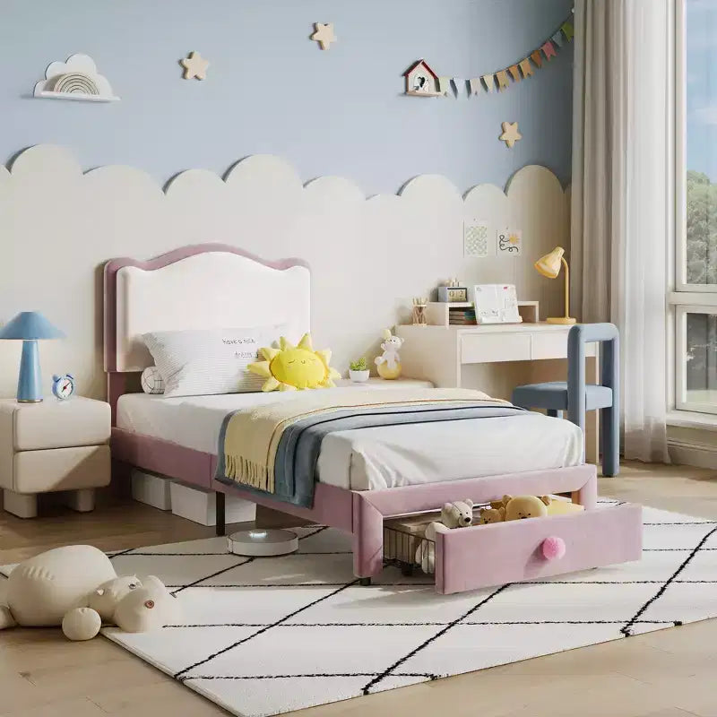 Twin Size Upholstered Kids Bed Frame with Curved Headboard, Storage Drawer, Velvet Fabric, Strong Wood Slats, No Box Spring Needed