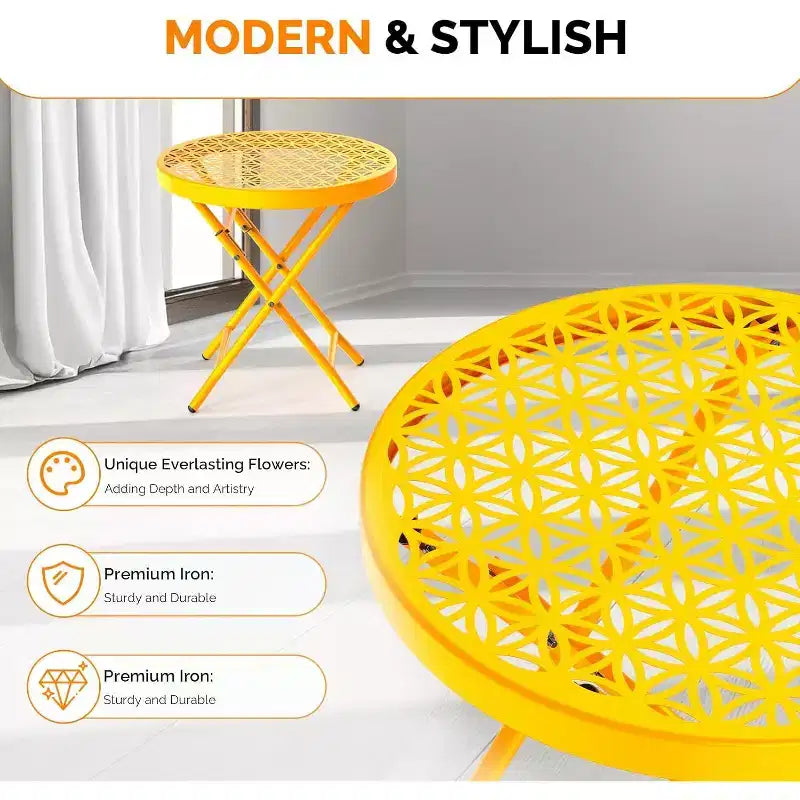 Patio Folding Side Table with Floral Pattern & X-Shaped Metal Frame – Yellow
