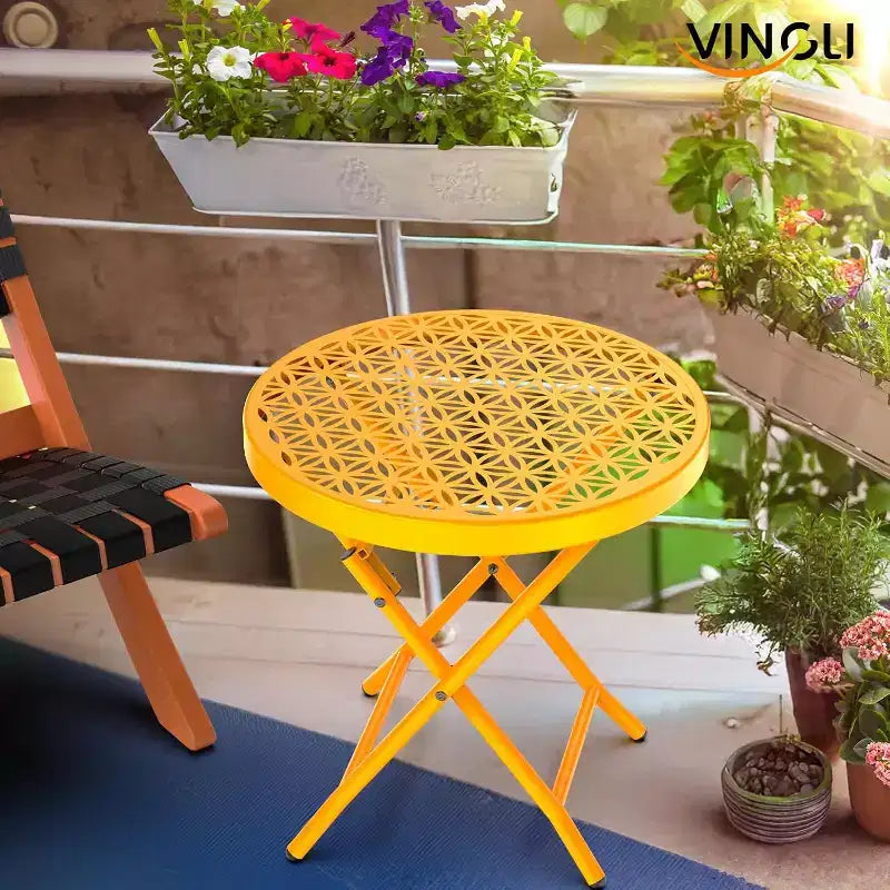 Patio Folding Side Table with Floral Pattern & X-Shaped Metal Frame – Yellow