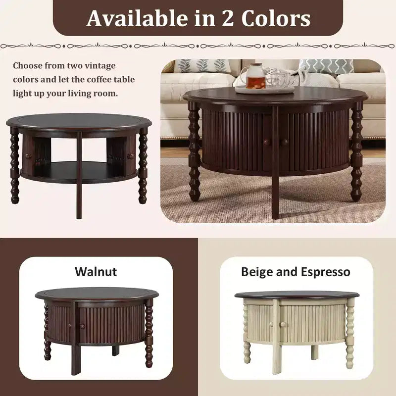 Round Wood Coffee Table with Sliding Door Storage & Solid Legs
