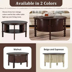 Round Wood Coffee Table with Sliding Door Storage & Solid Legs