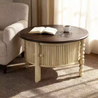 Round Wood Coffee Table with Sliding Door Storage & Solid Legs