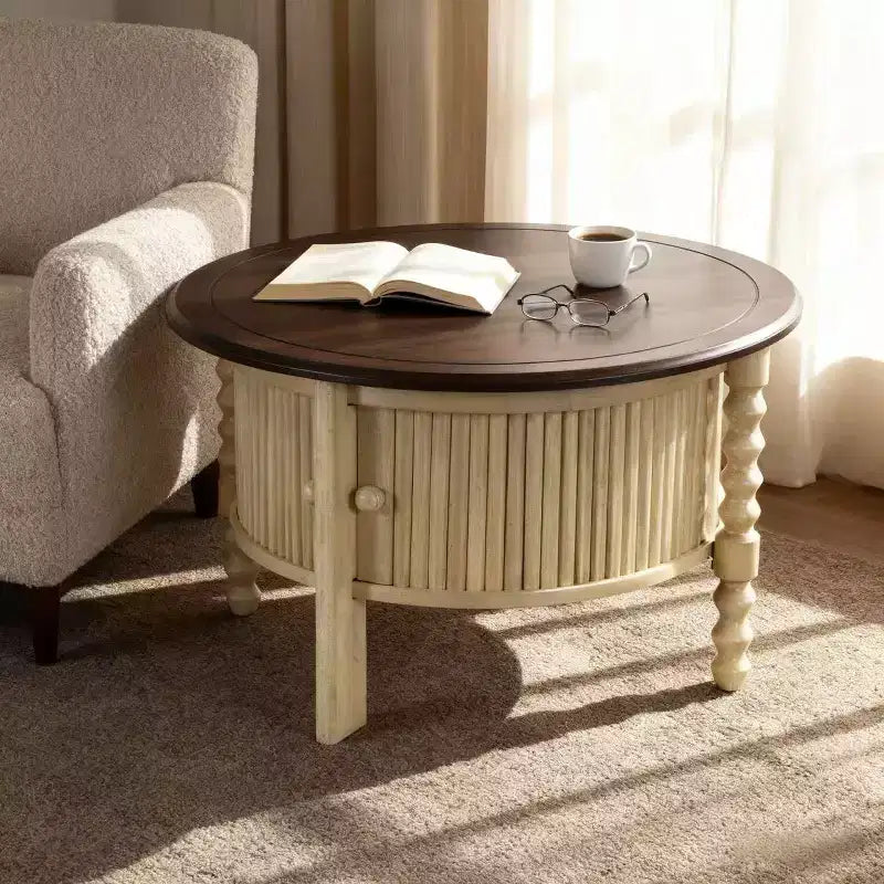 Round Wood Coffee Table with Sliding Door Storage & Solid Legs
