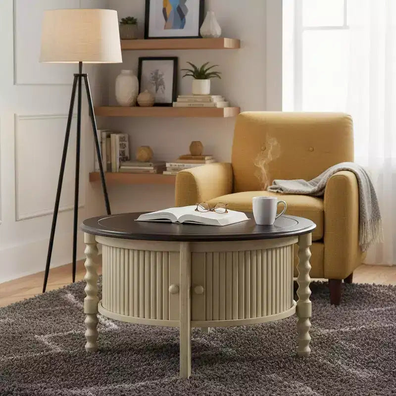 Round Wood Coffee Table with Sliding Door Storage & Solid Legs