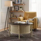 Round Wood Coffee Table with Sliding Door Storage & Solid Legs