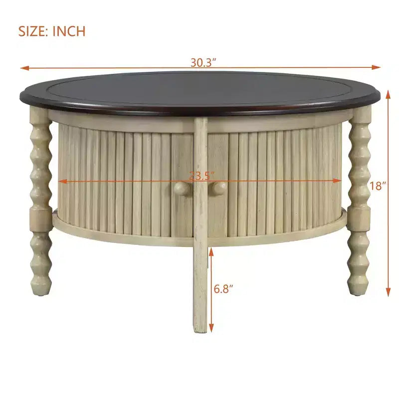 Round Wood Coffee Table with Sliding Door Storage & Solid Legs