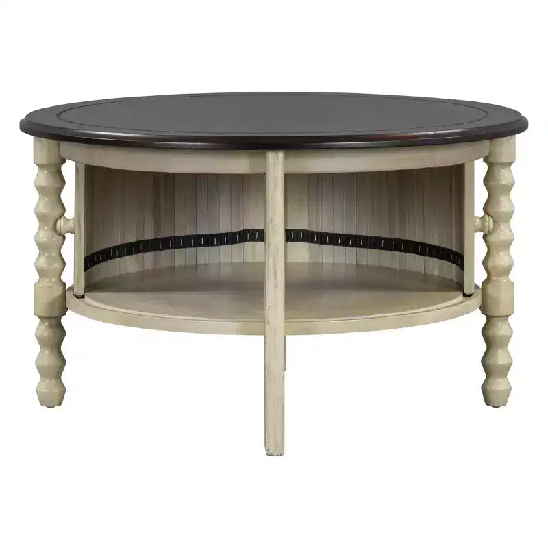 Round Wood Coffee Table with Sliding Door Storage & Solid Legs