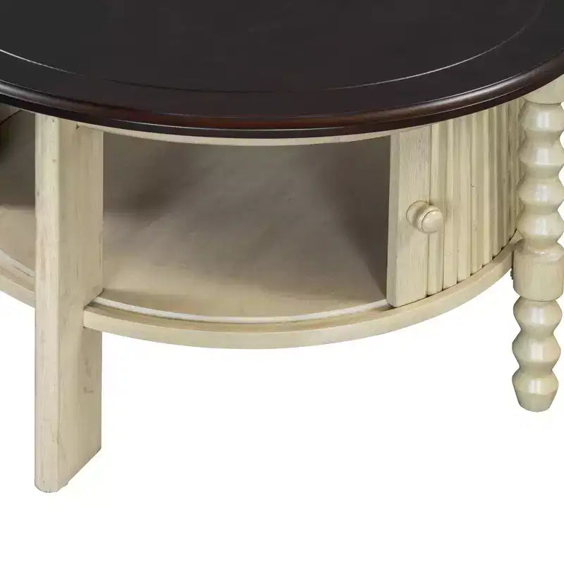 Round Wood Coffee Table with Sliding Door Storage & Solid Legs