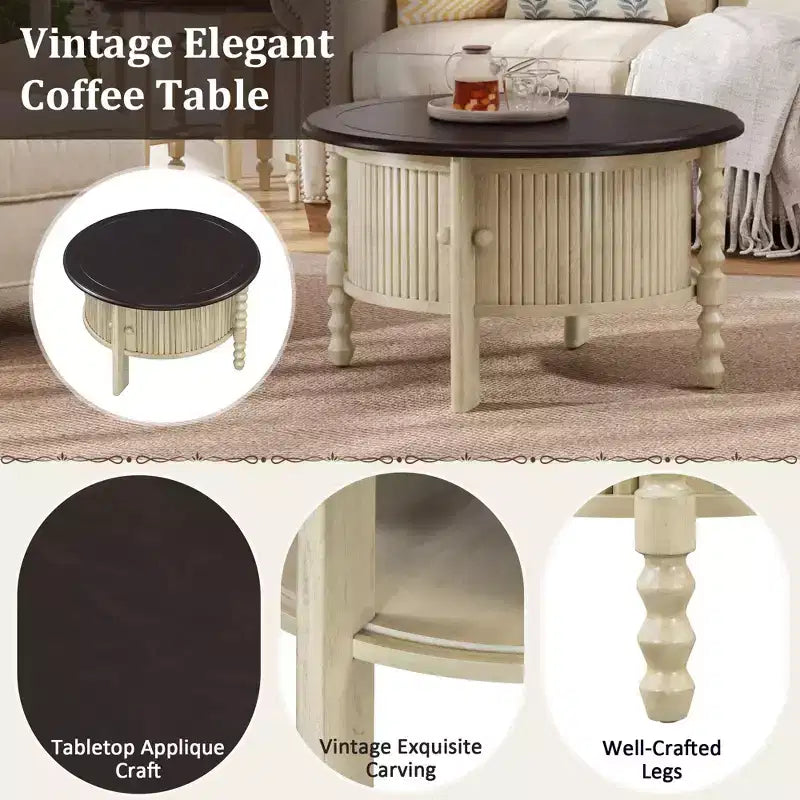 Round Wood Coffee Table with Sliding Door Storage & Solid Legs