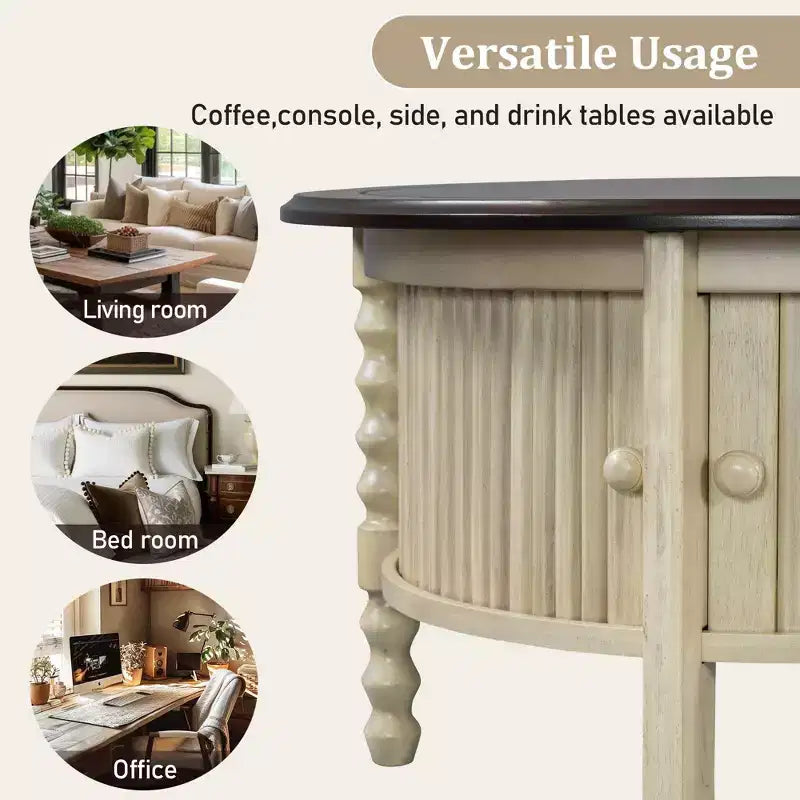 Round Wood Coffee Table with Sliding Door Storage & Solid Legs
