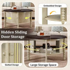Round Wood Coffee Table with Sliding Door Storage & Solid Legs
