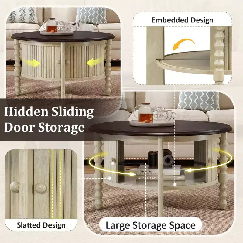 Round Wood Coffee Table with Sliding Door Storage & Solid Legs