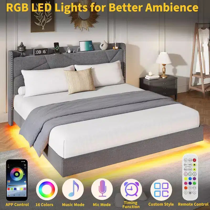 Modern Floating Platform Bed Frame with RGB LED Lights, Charging Station & Wooden Slats
