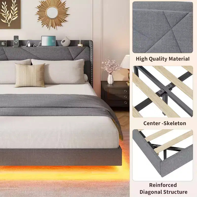 Modern Floating Platform Bed Frame with RGB LED Lights, Charging Station & Wooden Slats