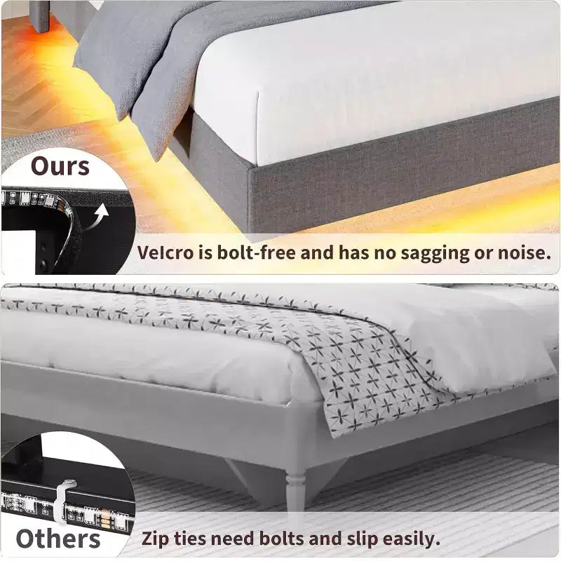 Modern Floating Platform Bed Frame with RGB LED Lights, Charging Station & Wooden Slats