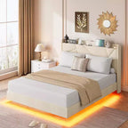 Modern Floating Platform Bed Frame with RGB LED Lights, Charging Station & Wooden Slats