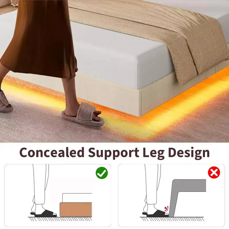 Modern Floating Platform Bed Frame with RGB LED Lights, Charging Station & Wooden Slats