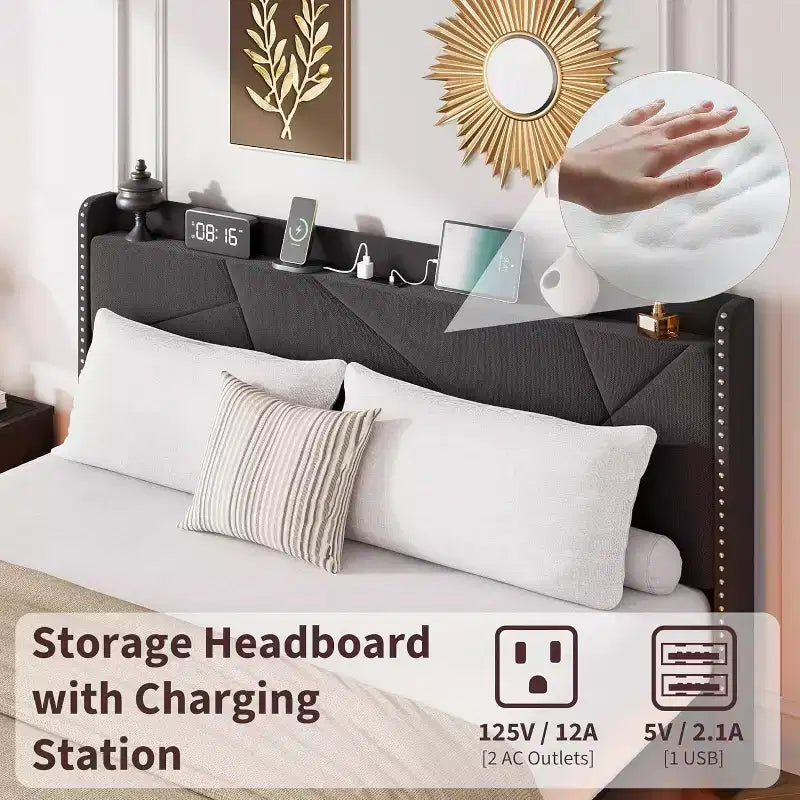 Modern Floating Platform Bed Frame with RGB LED Lights, Charging Station & Wooden Slats