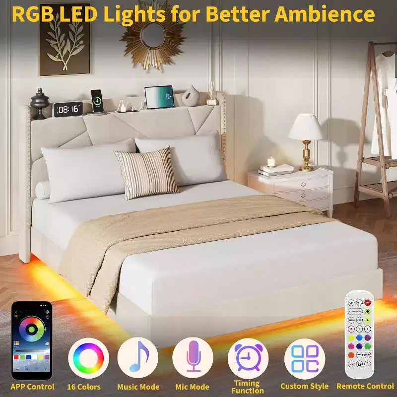 Modern Floating Platform Bed Frame with RGB LED Lights, Charging Station & Wooden Slats
