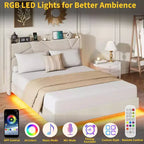 Modern Floating Platform Bed Frame with RGB LED Lights, Charging Station & Wooden Slats