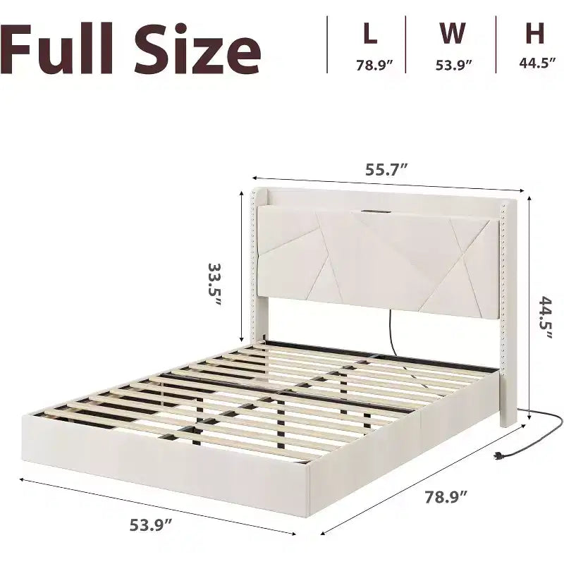 Modern Floating Platform Bed Frame with RGB LED Lights, Charging Station & Wooden Slats
