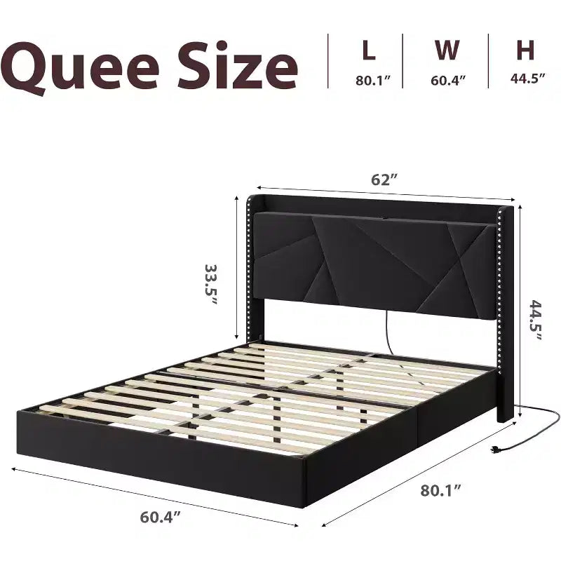 Modern Floating Platform Bed Frame with RGB LED Lights, Charging Station & Wooden Slats