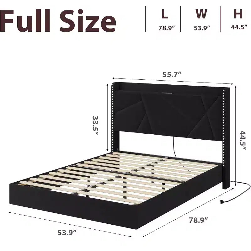 Modern Floating Platform Bed Frame with RGB LED Lights, Charging Station & Wooden Slats