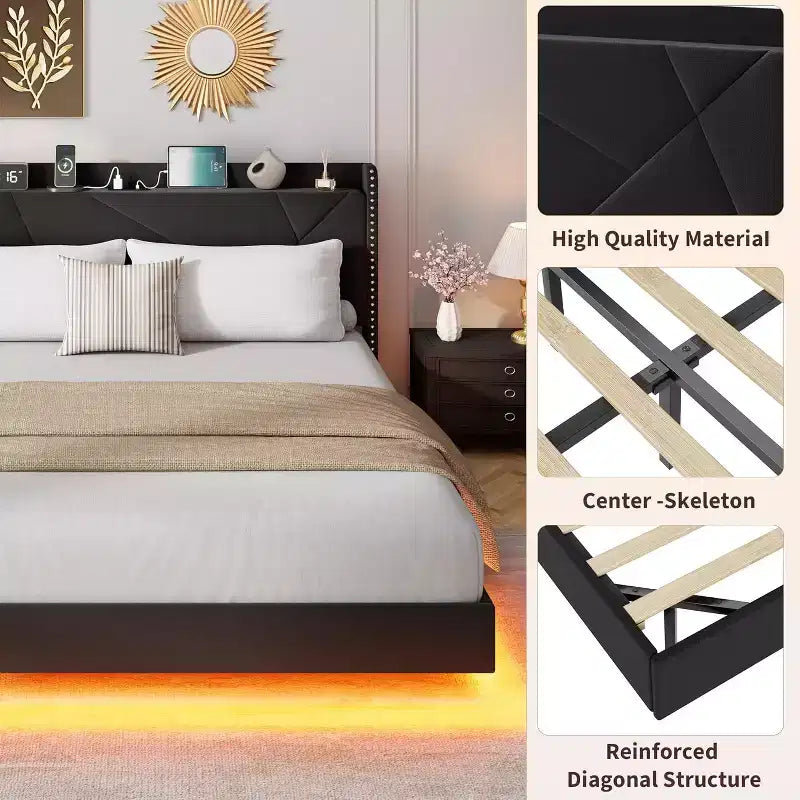 Modern Floating Platform Bed Frame with RGB LED Lights, Charging Station & Wooden Slats