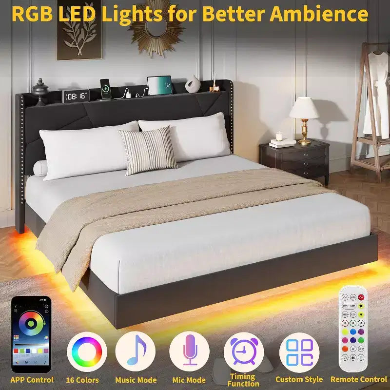 Modern Floating Platform Bed Frame with RGB LED Lights, Charging Station & Wooden Slats
