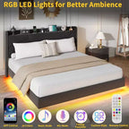 Modern Floating Platform Bed Frame with RGB LED Lights, Charging Station & Wooden Slats
