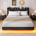Suspended Modern Upholstered Platform Bed Frame with LED Lights and Sockets, Headboard, Sturdy Wooden Slats Support, Quiet and Easy to Assemble