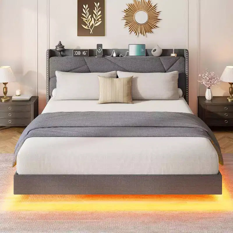 Modern Floating Platform Bed Frame with RGB LED Lights, Charging Station & Wooden Slats