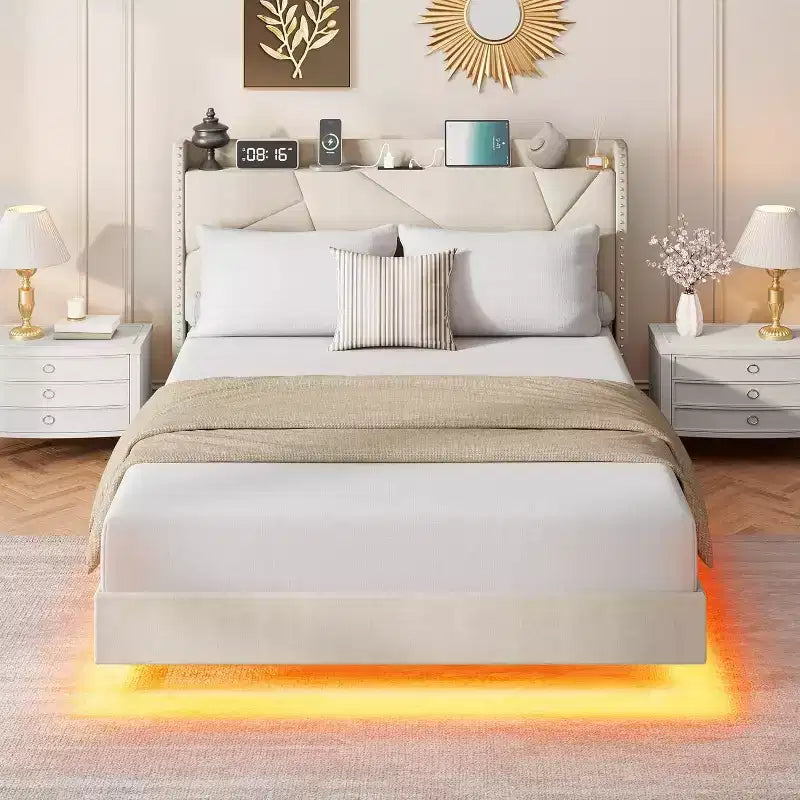 Modern Floating Platform Bed Frame with RGB LED Lights, Charging Station & Wooden Slats