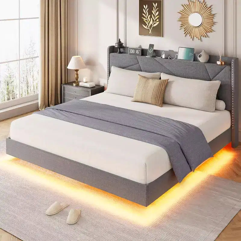 Modern Floating Platform Bed Frame with RGB LED Lights, Charging Station & Wooden Slats