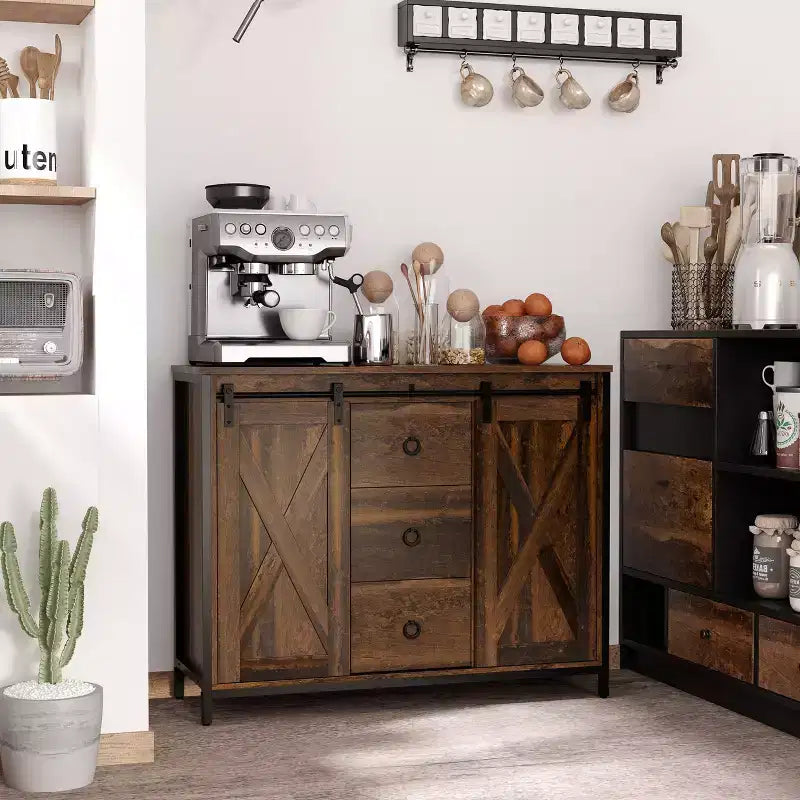 Buffet de ferme rustique – Portes coulissantes style grange, 3 tiroirs et étagère réglable