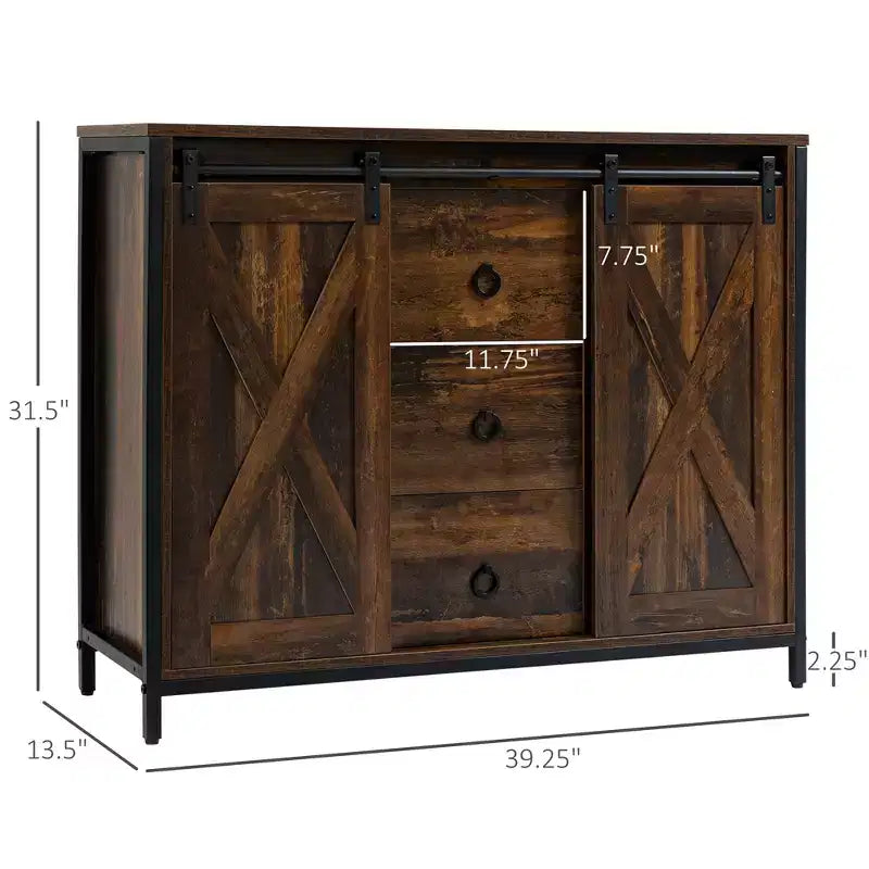 Rustic Farmhouse Buffet Cabinet – Sliding Barn Doors, 3 Drawers & Adjustable Shelf