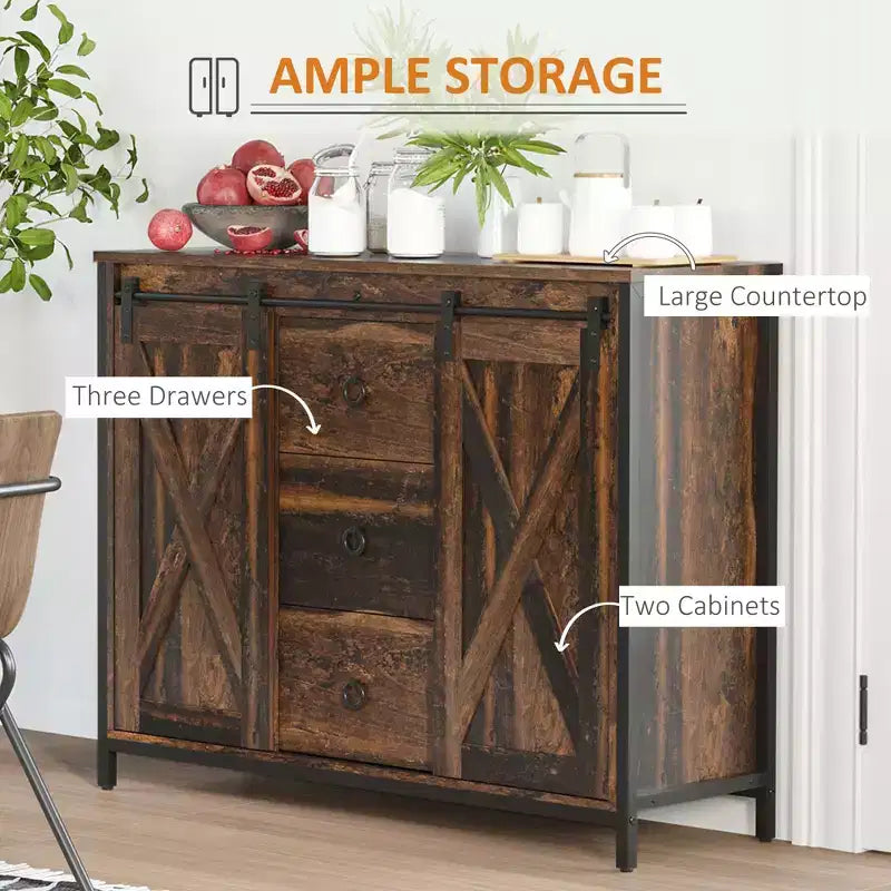 Rustic Farmhouse Buffet Cabinet – Sliding Barn Doors, 3 Drawers & Adjustable Shelf