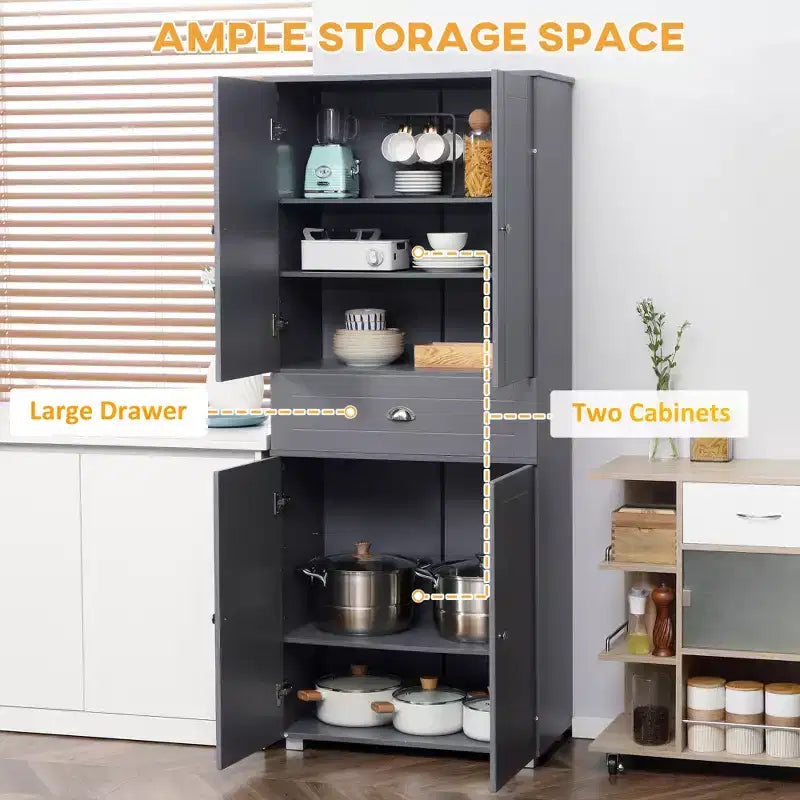 72" Tall Kitchen Pantry Cabinet – 4 Doors, Drawer & Adjustable Shelves, White