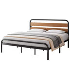 King Size Platform Bed Frame, Industrial Style King Size Bed Frame with Wooden Headboard, Heavy Duty Metal Bed Frame with Metal Slat Supports