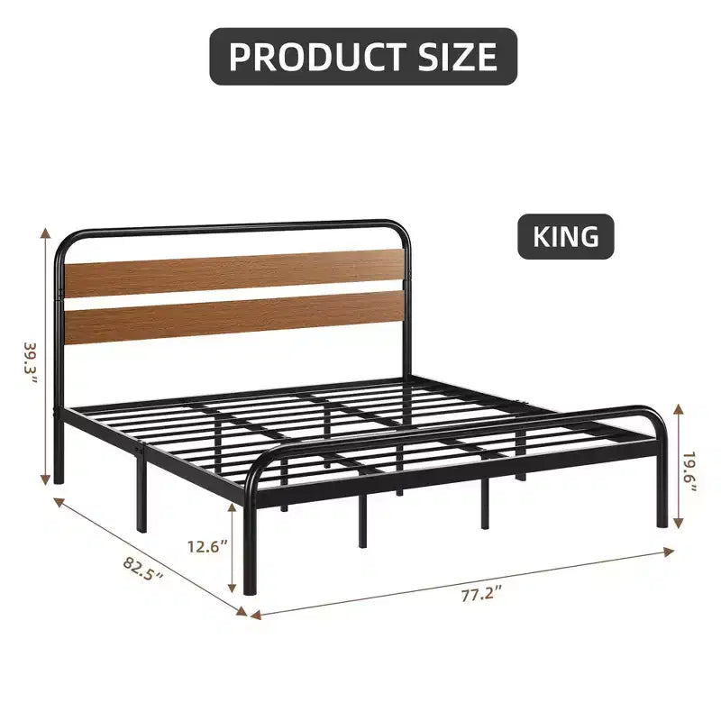 King Size Industrial Platform Bed Frame with Wooden Headboard & Metal Slat Support