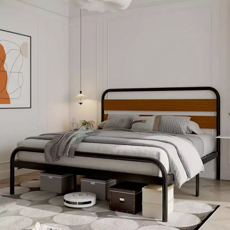 King Size Industrial Platform Bed Frame with Wooden Headboard & Metal Slat Support