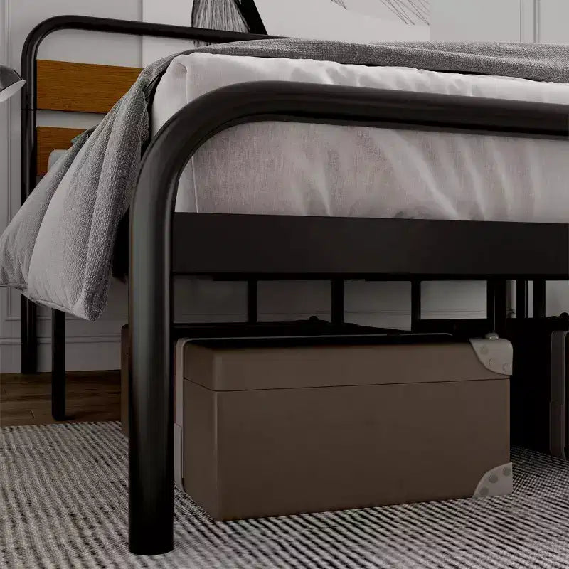 King Size Industrial Platform Bed Frame with Wooden Headboard & Metal Slat Support