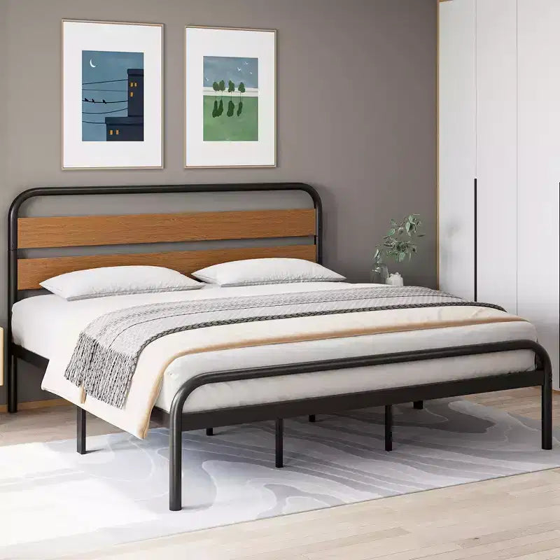 King Size Industrial Platform Bed Frame with Wooden Headboard & Metal Slat Support