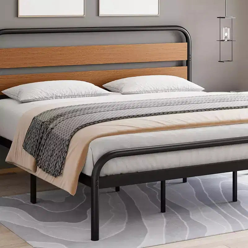 King Size Industrial Platform Bed Frame with Wooden Headboard & Metal Slat Support