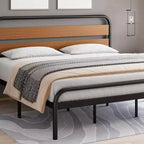 King Size Industrial Platform Bed Frame with Wooden Headboard & Metal Slat Support