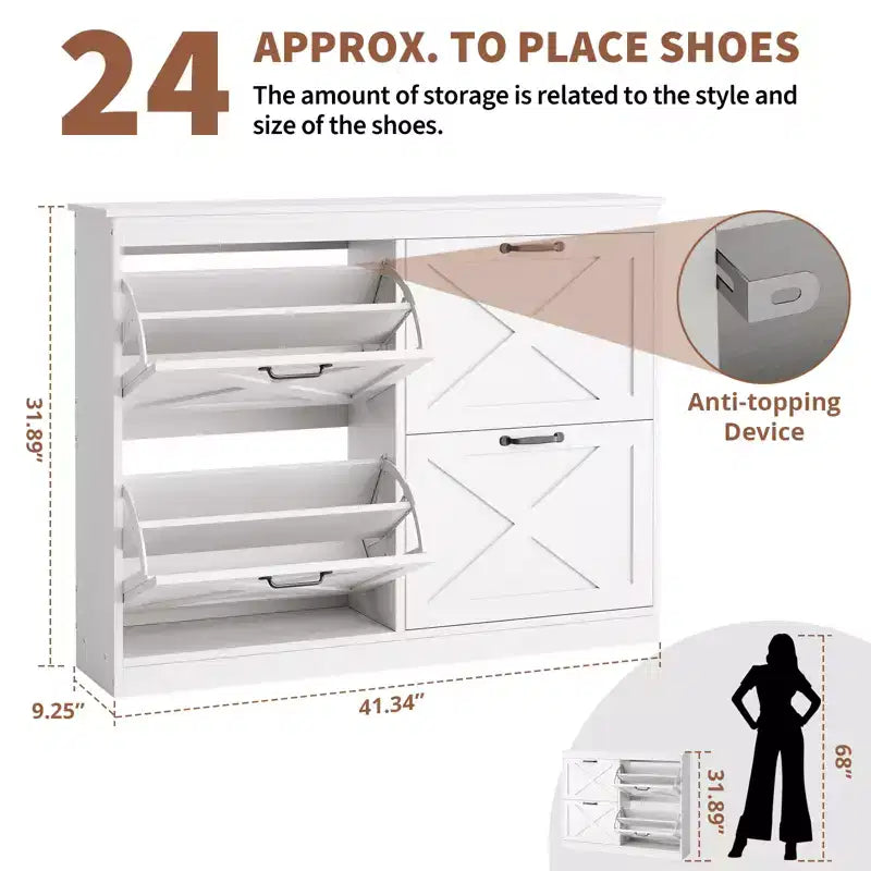Shoe Storage Cabinet with 4 Flip Drawers, Hidden Wide Shoe Storage Organizer Cabinet, Simple and Elegant, Freestanding Wood Shoe Rack Cabinet